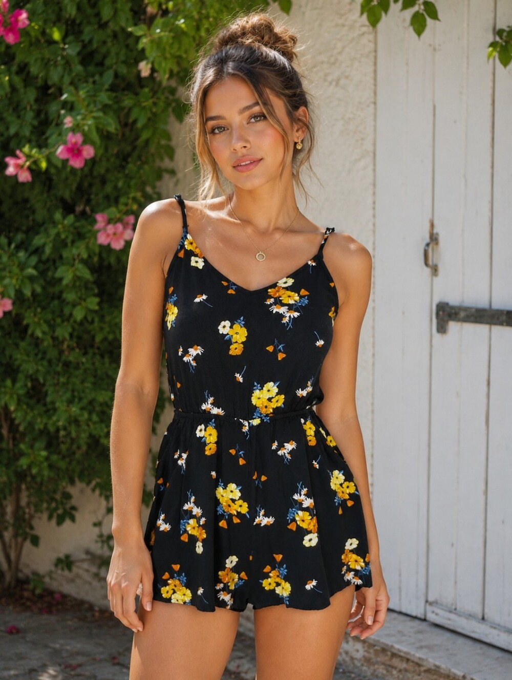 H&M DIVIDED Black Romper with Yellow and Light Blue Floral Print